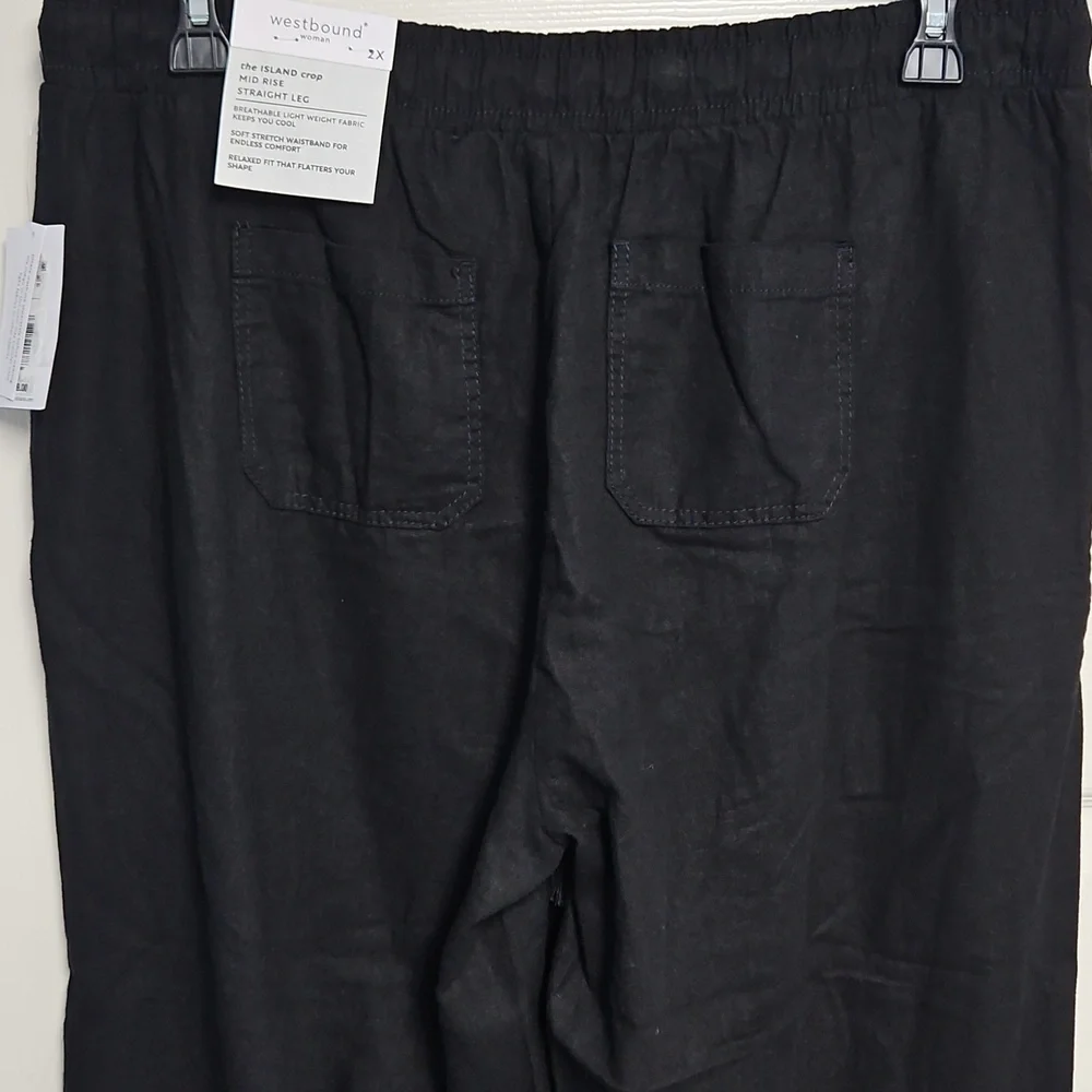 Westbound Linen Blend Mid Rise Straight Leg Lightweight Pant: Black: Size- 2X‎